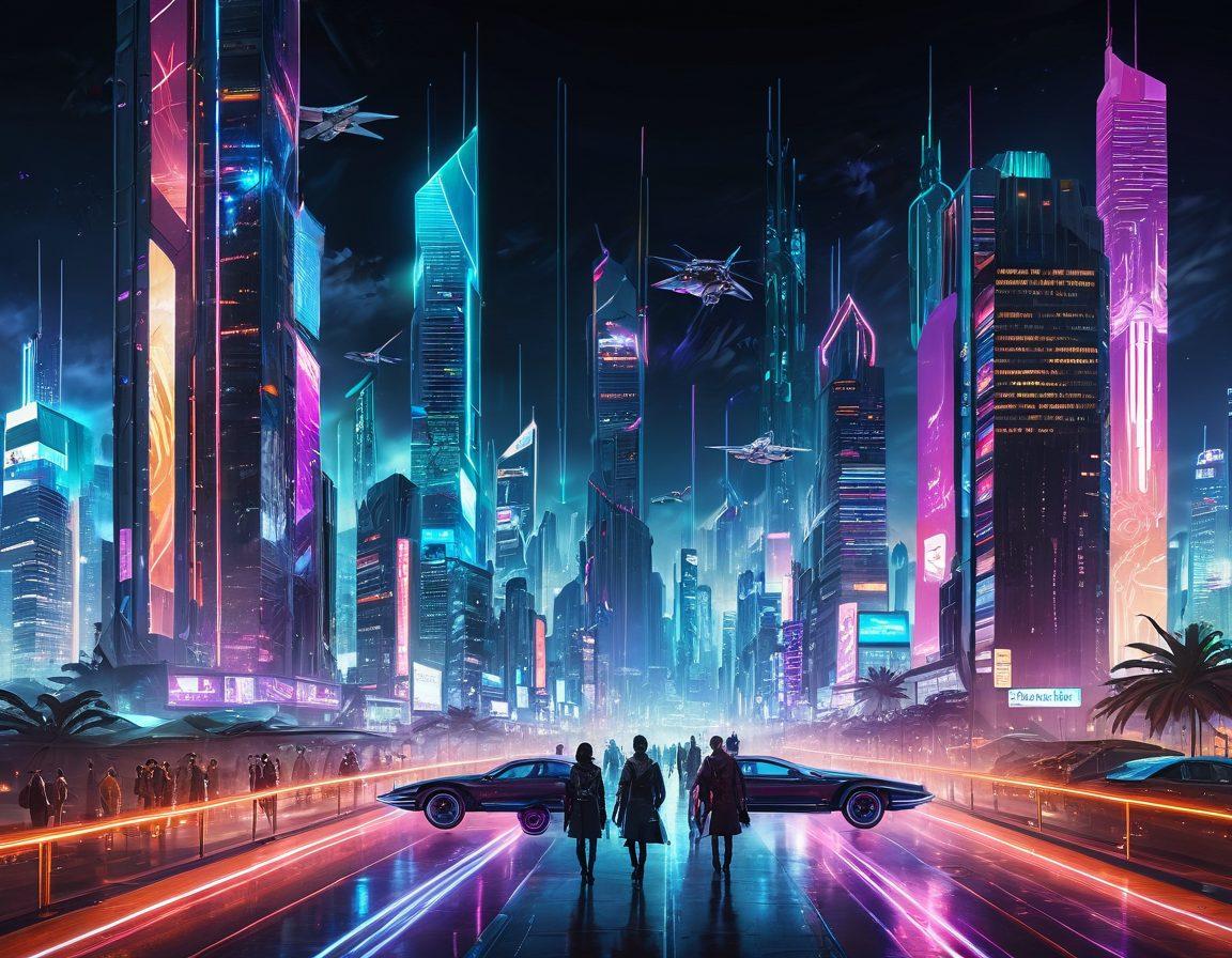 A futuristic city skyline with soaring skyscrapers showcasing advanced technology, flying vehicles, and holographic advertisements. In the foreground, a diverse group of people, engaged with various tech gadgets, illustrate the concept of innovation. Incorporate glowing circuit patterns and digital interfaces throughout the scene. The overall tone should evoke excitement and curiosity about the future. vibrant colors. cyberpunk style.