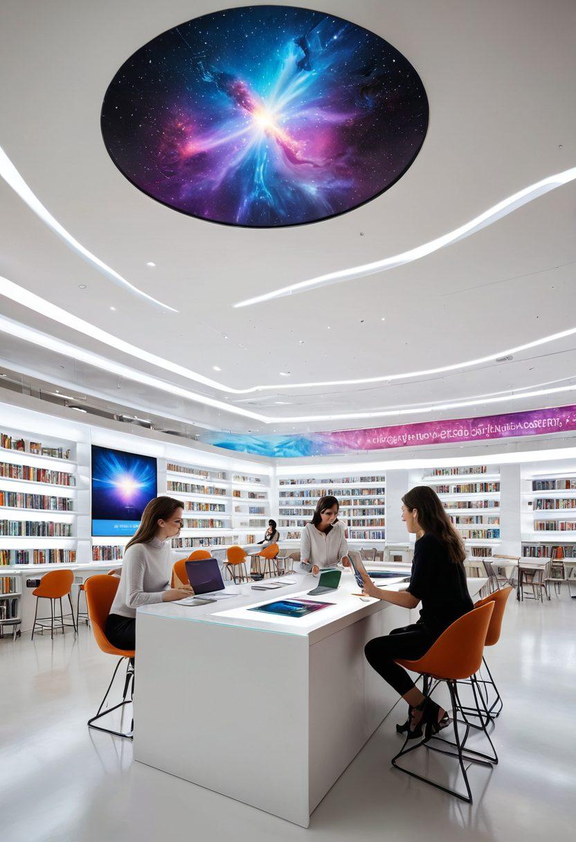 A futuristic library filled with digital screens displaying the latest technology news, bright holographic devices floating around, a central table with people engaging in discussions, and various tech gadgets scattered throughout. The ambiance should be lively and inviting, showcasing innovation and collaboration. super-realistic. vibrant colors. white background.