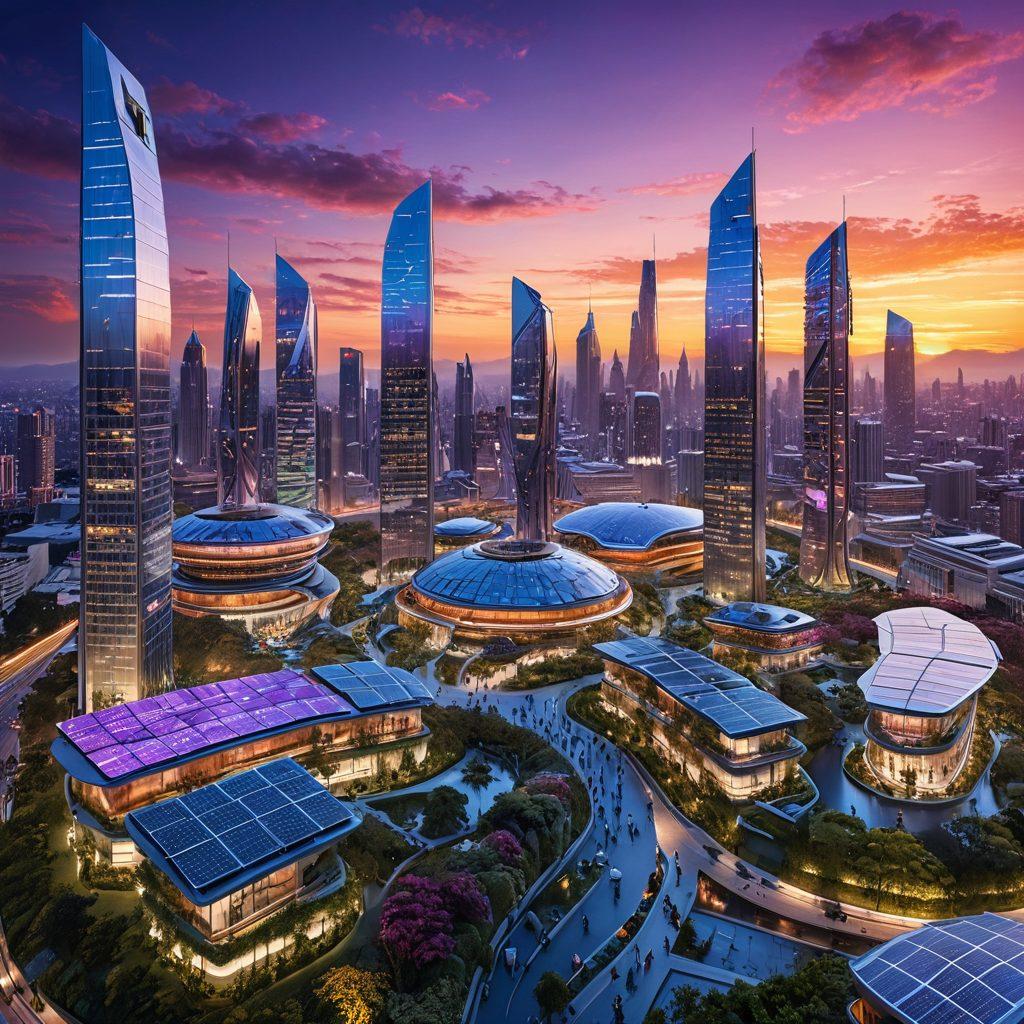 A futuristic city skyline at dawn, showcasing innovative architectural designs with solar panels and vertical gardens. In the foreground, diverse people engaging with advanced technology like drones and holographic displays, symbolizing collaboration and progress. The sky filled with vibrant colors blending orange, purple, and blue, reflecting the dawn of a new era. super-realistic. vibrant colors. 3D.